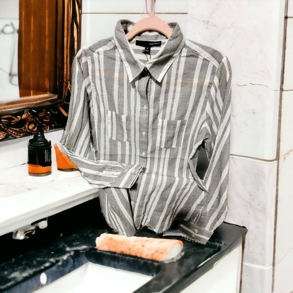 Navy/White Button Up Long Sleeve Blouse Women Teen Size S Office Casual Dinner - Picture 1 of 6